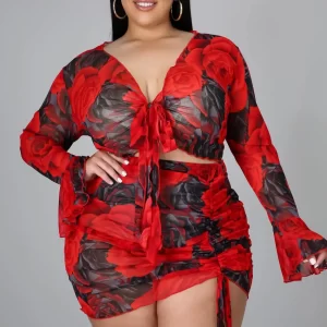 CM.YAYA Women Plus Size Set Print Mesh Full Flare Sleeve Bandage Crop Tops Shirring Skirts Two 2 Piece Sets Sexy Outfit Summer